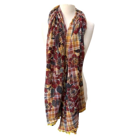 Eddie Bauer Plaid Floral Scarf Tassel Trim Boho Fall Lightweight Cotton Wrap OS - Picture 8 of 8